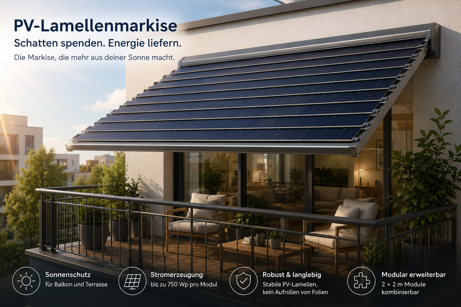PV-Lamellenmarkise mit seitlichen Teleskop-Tragschienen anstelle klassischer Gelenkarme – Sonnenschutz und Balkonkraftwerk kombiniert.