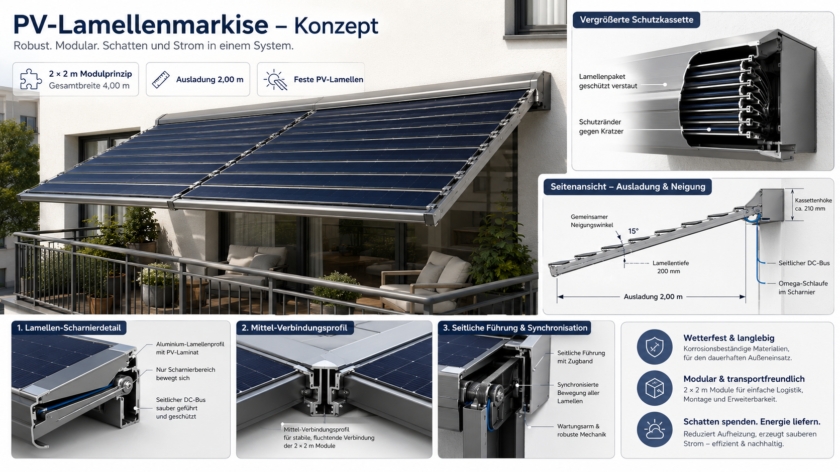 Technische Prinzipskizze der PV-Lamellenmarkise: Seitliche Teleskop-Tragschienen führen die PV-Lamellen synchron aus der Kassette nach außen.